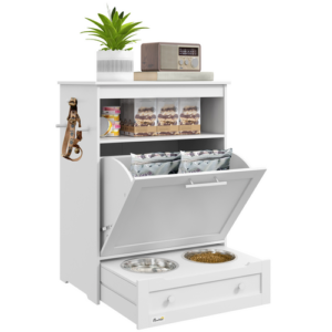 Pet Feeding Station with Double Bowls & Storage Cabinet – Wooden Dog & Cat Food Stand
